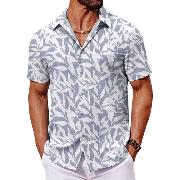 Mens Lite Gray Hawaiian Shirt Short Sleeve Button Down Tropical Floral Beachwear - Picture 1 of 6
